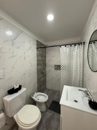 a bathroom with a toilet and a shower and a sink at Maschwitz Norte C in Ingeniero Maschwitz