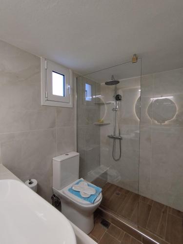 a bathroom with a toilet and a glass shower at Casa Di Mario Rooms in Lávrion