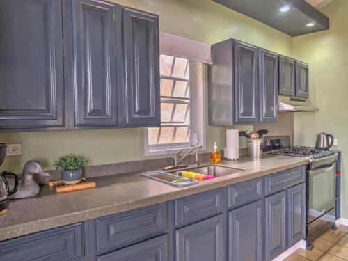 a kitchen with gray cabinets and a sink and a window at 2 Bedroom Dream Cottage-Point Blanche in Philipsburg