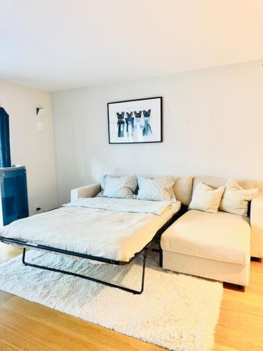 a bedroom with two beds and a couch at Tjuvholmen apartment 2BR in Oslo
