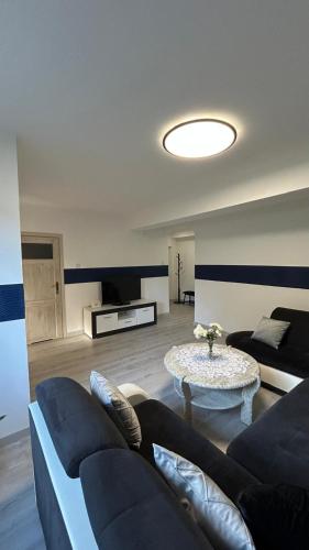 a living room with a blue couch and a table at Apartament Nad Potokiem in Mieroszów