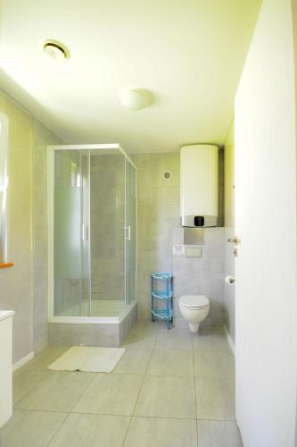 a bathroom with a glass shower and a toilet at Chatka in Stegienka
