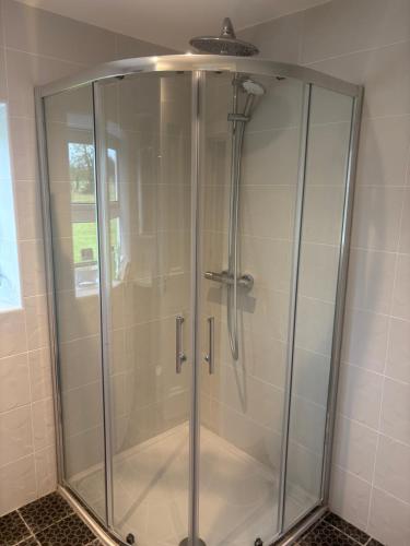 a shower with a glass door in a bathroom at The Residence at Lough Key - Luxury by the Water in Knockvicar Bridge