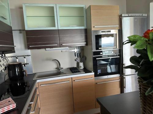 a kitchen with wooden cabinets and a stainless steel appliances at Eleny Apartments in Perea