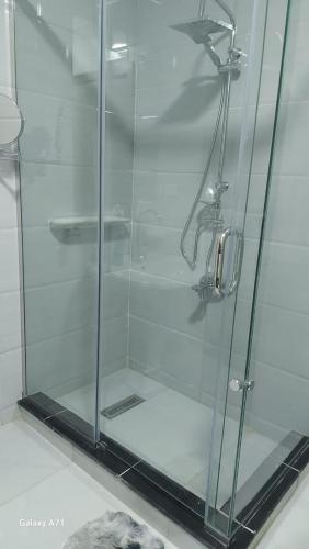 a shower with a glass door in a bathroom at Eamar tower 2 in Tanta