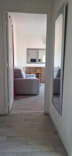 un salon avec un canapé et un miroir dans l'établissement NICE STUDIO 26m2 avec TERRASSE 16m2, à Nice