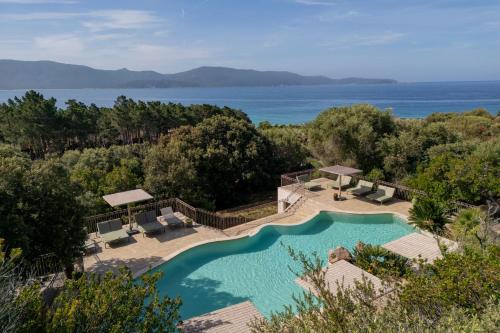 an aerial view of a swimming pool with a view of the water at Résidence La Plage in Propriano