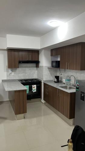a large kitchen with wooden cabinets and a sink at Departamento en Residencial in Mexico City