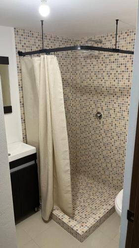 a bathroom with a shower with a shower curtain at Departamento en Residencial in Mexico City