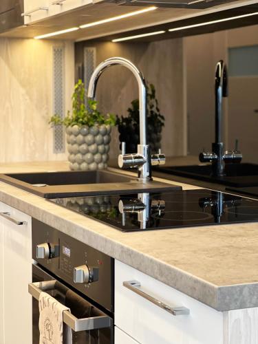 a kitchen counter with a sink and a sink at Saltviks Stugby & Camping in Grebbestad