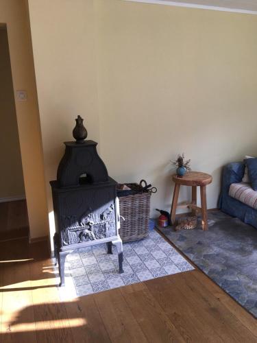 a living room with a fireplace and a couch at Markhus Apartment Near Langfoss in Markhus
