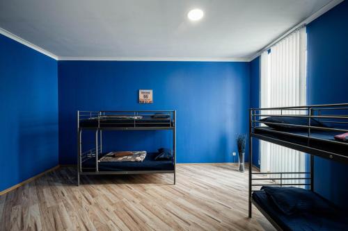 a room with two bunk beds and a blue wall at Hedgehogs backpackers hostel in Rīga