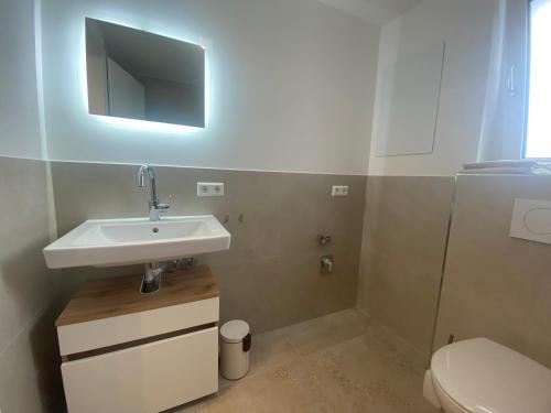 a bathroom with a sink and a toilet at Pusteblume in Oberreute
