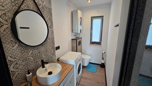 a bathroom with a sink and a mirror at Baltic Barns Storm in Wytowno