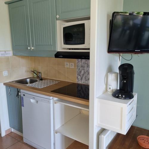 a kitchen with a sink and a microwave at Appartement Vue sur Lac in Monflanquin