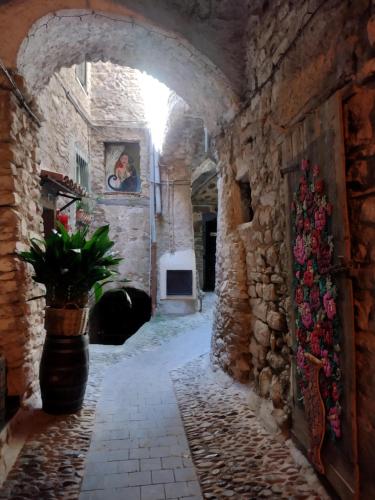 an alley in a stone building with a potted plant at sax & rosa in Pigna