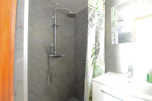 a bathroom with a shower with a glass door at Chatka in Stegienka