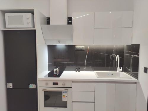 a white kitchen with a sink and a microwave at Roxanne Mini Suite With Yard in Melíssia