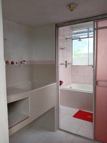 a bathroom with a shower and a tub and a sink at Airbn b Estancia ALVARADO in Tingo María