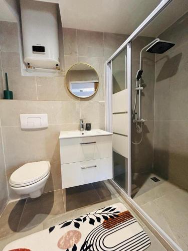 une salle de bain avec toilettes, lavabo et douche dans l'établissement Maison 10 Cosy T2 avec jardin Jacuzzi, à Marseille