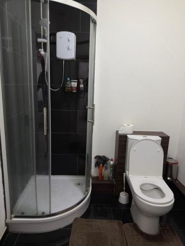 a bathroom with a toilet and a shower with a glass door at Central Wigan Stay in Wigan