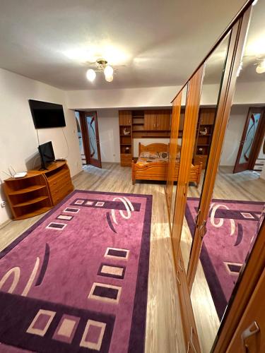 a living room with a purple rug on the floor at Apartament Băile Herculane in Băile Herculane