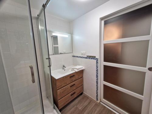 a small bathroom with a sink and a shower at La Planche, in Avranches