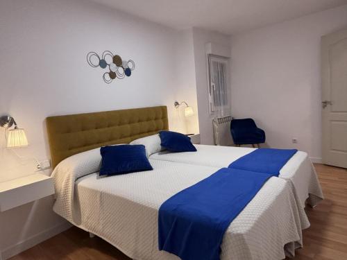 a bedroom with two beds with blue pillows at El Rinconin I in Cangas de Onís