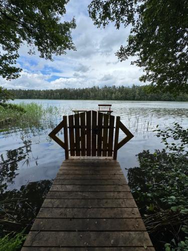a bench sitting on a dock on a lake at Forest Haven in Mielno