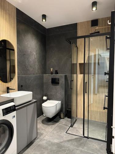 a bathroom with a toilet and a sink and a washing machine at Modern, stylish apartment in the heart of the city in Szczecin