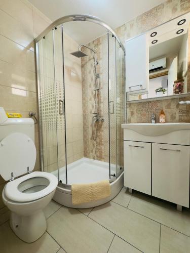 a bathroom with a shower and a toilet and a sink at Z&D - Korak do mora in Mali Lošinj