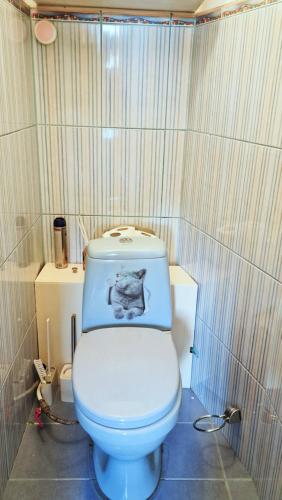 a bathroom with a toilet with a picture of a cat on the tank at SP Tise Apt for 6 people in Liepāja