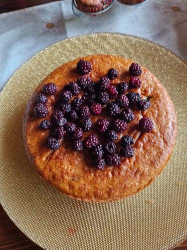 a pie with berries on top of it on a plate at Agriturismo Il Respiro del Bosco in San Piero in Bagno