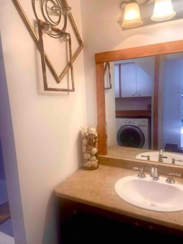 a bathroom with a sink and a mirror at Chalet serenity at Lac Desroches in Saint-Calixte