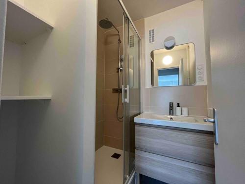 une salle de bain avec un lavabo et une douche avec un miroir dans l'établissement Cosy & stylish F5 Appartement - Troyes center, à Troyes