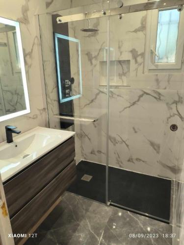 une salle de bain avec une douche en verre et un lavabo dans l'établissement Maison 4 chambres PISCINE, à Sainte-Anastasie-sur-Issole