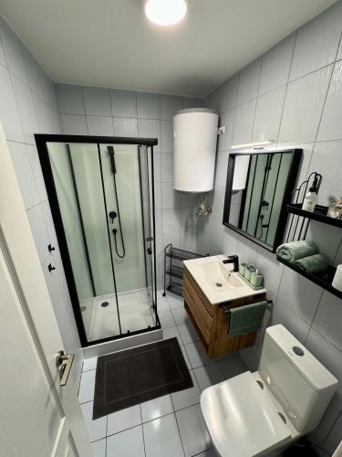 a bathroom with a shower and a toilet and a sink at Holiday Village 8C in Senec