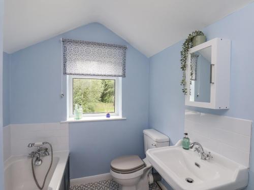 un bagno con un water, un lavandino e una finestra di 2 Whinstone Cottage a Whitby