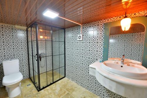 a bathroom with a sink and a shower and a toilet at Ashab-I Kehf Cappadocia House in Nevsehir