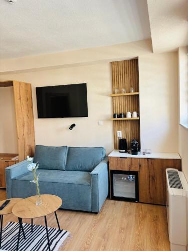 Una sala de estar con un sofá azul y un televisor. en TASY Guest House, en Bitola