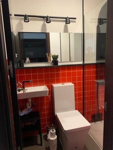Un baño con inodoro, lavabo y espejo. en Estudio Puerta del Sol, en Aguilar de la Frontera