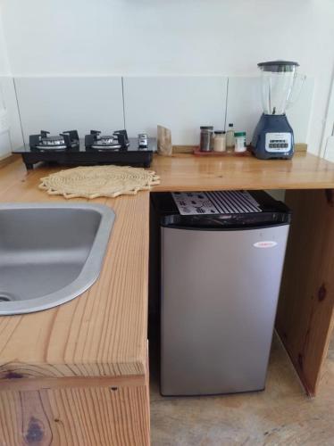 a kitchen counter with a sink and a blender at Quédate Aquí in Las Galeras
