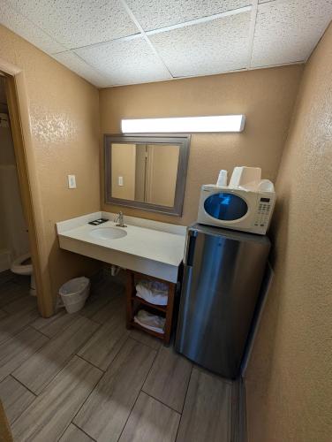 a bathroom with a sink and a counter with a microwave at Express INN in Norfolk