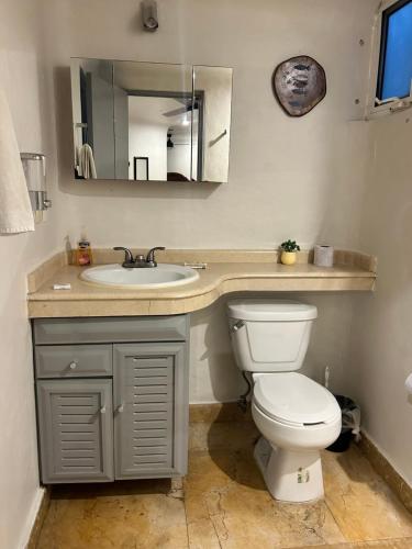 La salle de bains est pourvue de toilettes et d'un lavabo avec miroir. dans l'établissement blue angel 8 a unos pasos de la 5, à Playa del Carmen