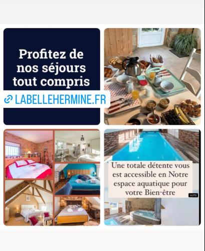 un collage de quatre photos d'une pièce dans l'établissement La Belle Hermine, à Tonquédec