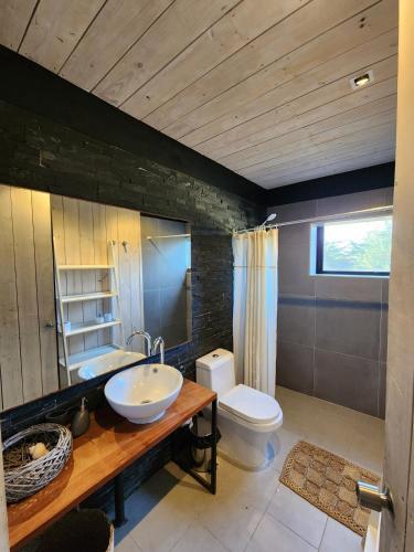 a bathroom with a sink and a toilet at Punta de Lobos Black House in Pichilemu