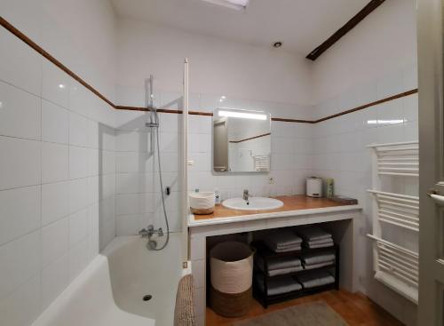 a white bathroom with a sink and a shower at La Maison Des Bouissonne in Maillane