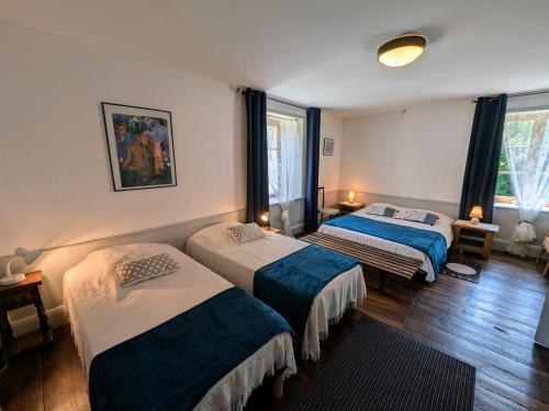 two beds in a room with two windows at Gîtes de caractère avec jardins au cœur de la nature, idéal pour familles et amis - FR-1-583-505 in Montigny-les Cherlieux