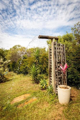a plant in a pot next to a water fountain at Docas da Lapa in Santana do Riacho