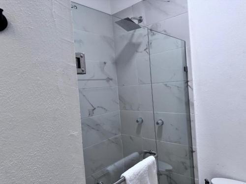 a bathroom with a shower with a glass door at Casa ZeRo in Manzanillo